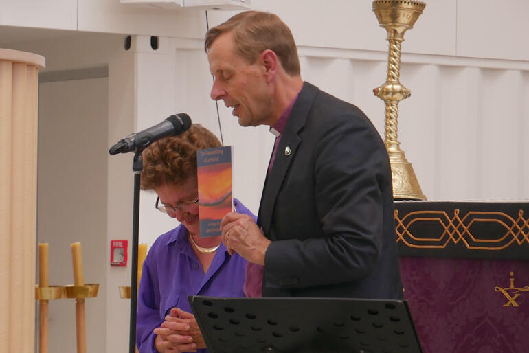 Bishop of Christchurch Peter Carrell stands with Dr Jane Simpson to bless ‘The Farewelling of a Home: a liturgy’ at the Transitional Cathedral.