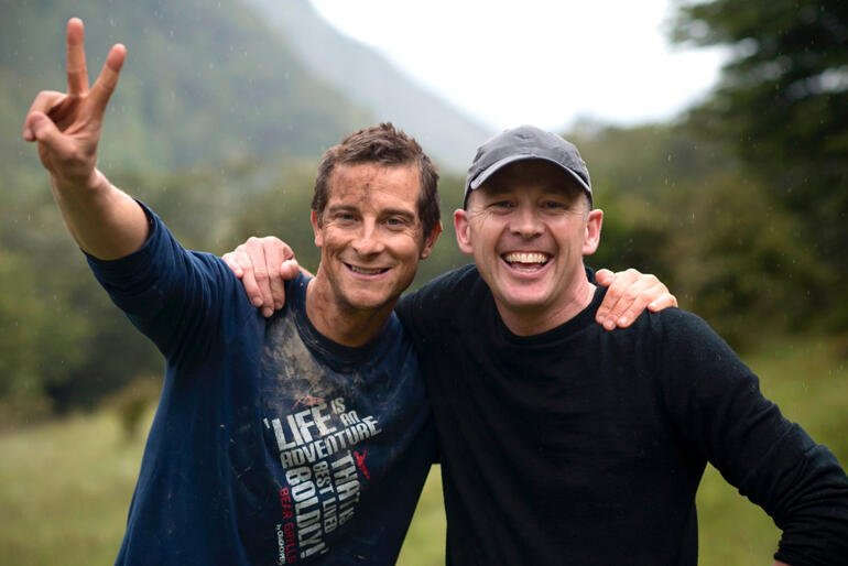 Bear Grylls and Kevin Denholm during the shooting of an Air NZ safety video.