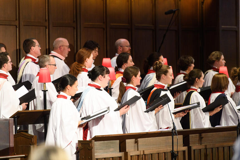 Members of Wellington Cathedral choir prepare to sing Te Īnoi a Te Ariki - The Lord's Prayer to music by Huia Beattie.