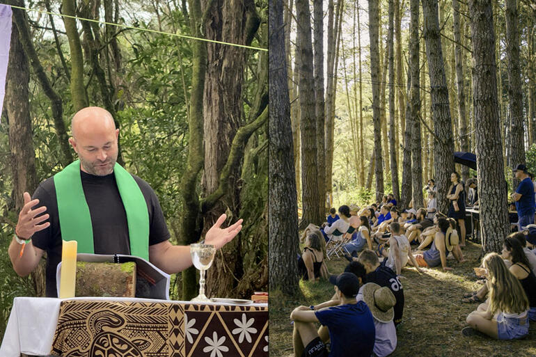 Rev Carl Tinnion stands at the makeshift altar in the "Forest Cathedral," at Festival One 2025. 