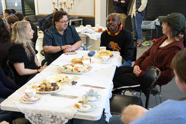 Bishop Steve Maina joins a group of youth leaders during The Abbey's 'Tea with the Bishops' session. Bishop Steve Maina joins a group of youth leaders during The Abbey's 'Tea with the Bishops' session.