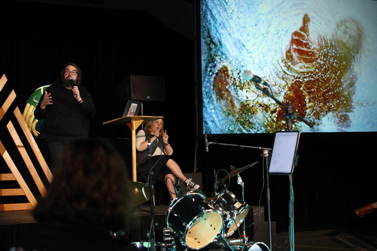 Rev Spanky Moore shares a yarn on failure and redemption, supported by deaf sign interpreter Rachel Tate. Rev Spanky Moore shares a yarn on failure and redemption, supported by deaf sign interpreter Rachel Tate.
