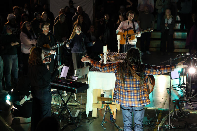 The Abbey worship band, who this year mostly hailed from Christchurch, lead the worship songs. The Abbey worship band, who this year mostly hailed from Christchurch, lead the worship songs.
