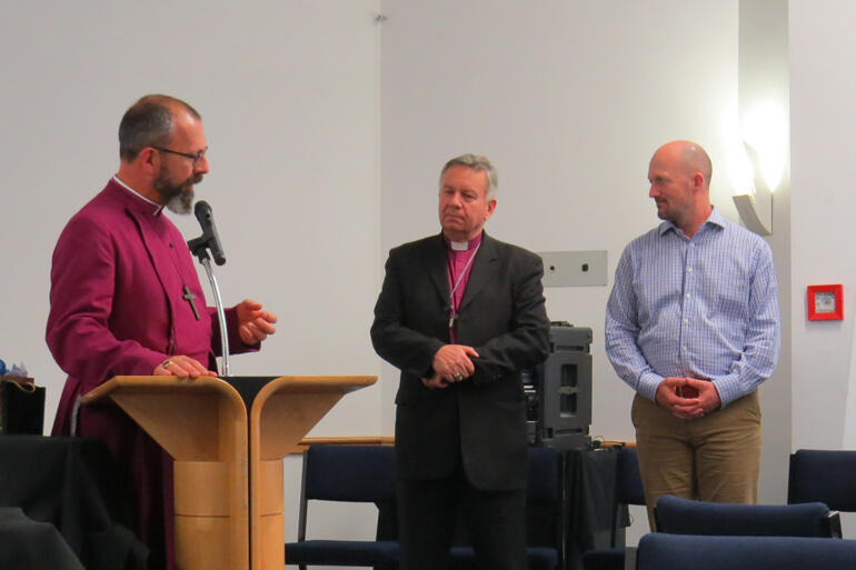 Bishop Andrew Hedge sets out the value of Mission Impact Investment as Archbishop David Moxon and Paul GIlberd look on.