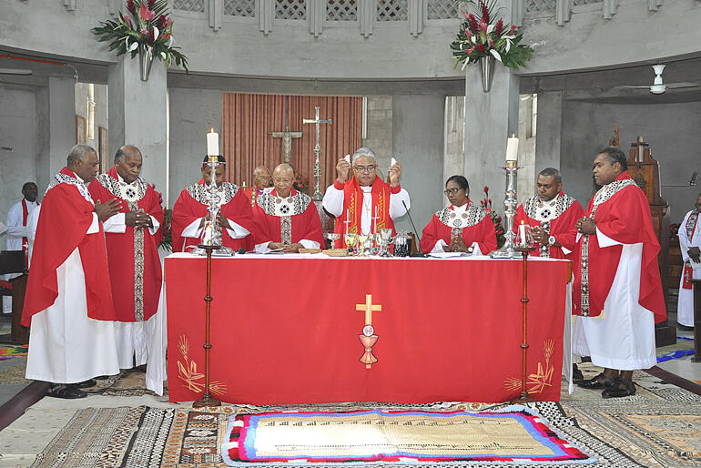 The newest priests in the Diocese of Polynesia join Archbishop Sione at the altar.