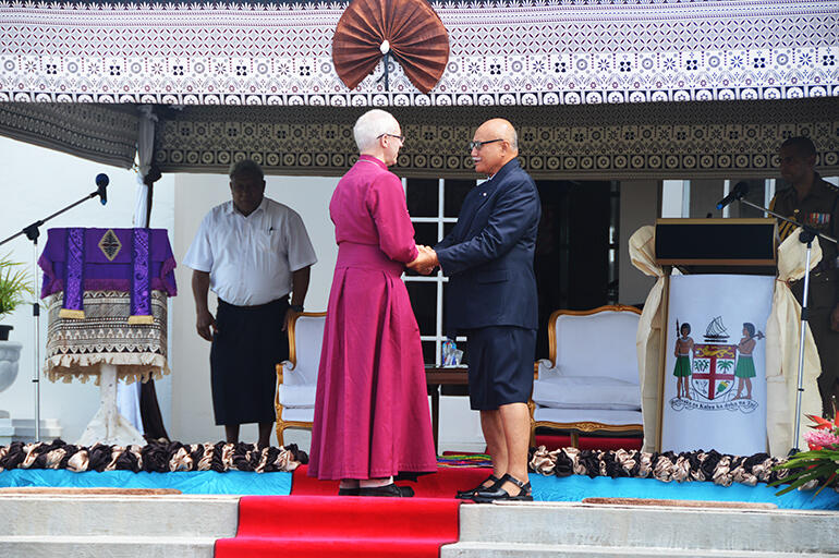 The President of Fiji greets the Archbishop of Canterbury.