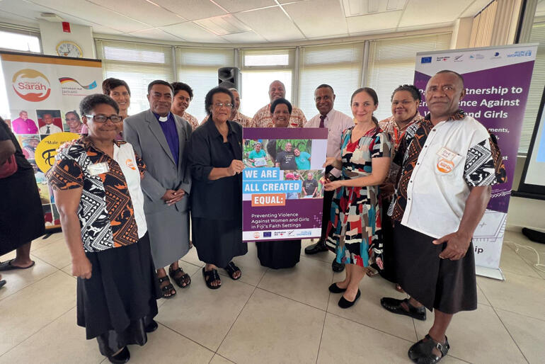 At the launch F: A. Qaiqaica, J. Lasawa, S. Lomaloma, M.Kolivuso, C. Chambers, J. Tuiwaiwai. B: A. Erikson, S. and M. Tubuna, J.Waqalala.