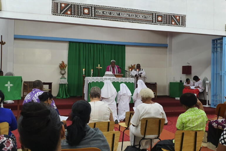 Bishop of Polynesia, Archbishop Fereimi Cama leads a service to formally receive Miliva Toariki as a Moana Community of St Clare postulant in 2020.