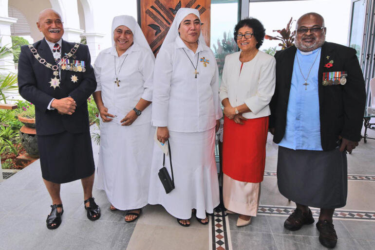 Sr Kalo & Ven Orisi Vuki receive Fiji 50th medals: Major-General Jioji Konrote, Sr Vutulongo, Sr Kalolaine, Madam Sarote Konrote & Ven Orisi Vuki.