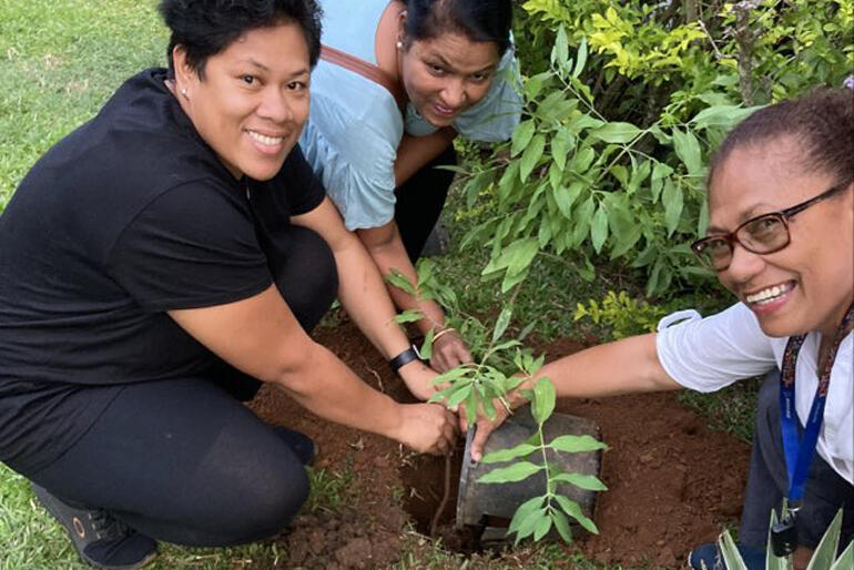 Members of the St Christopher's Nadi AAW plant a sandalwood tree as the Season of Creation came to a close.