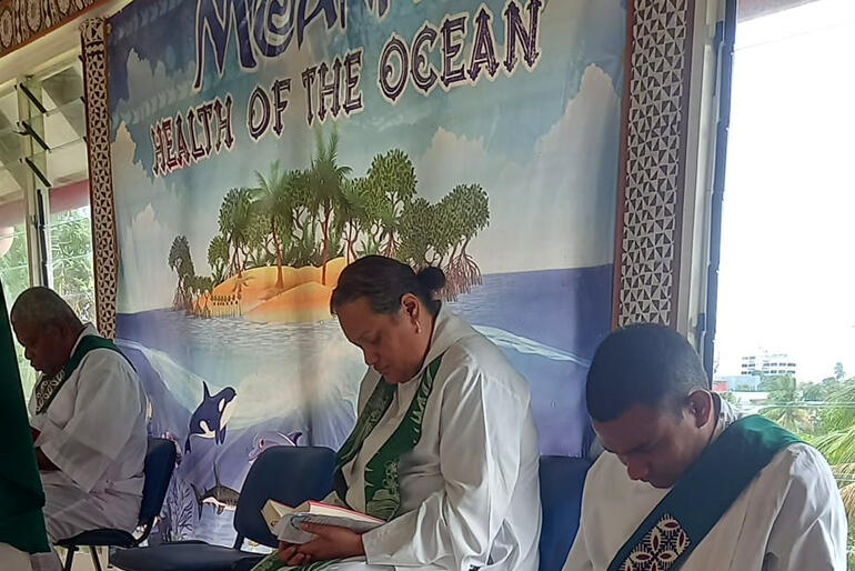 Rev Sepiuta Hala'api'api reads from the Prayer Book at the '23 Season of Creation opening service at the Moana Anglican Services Centre in Suva.