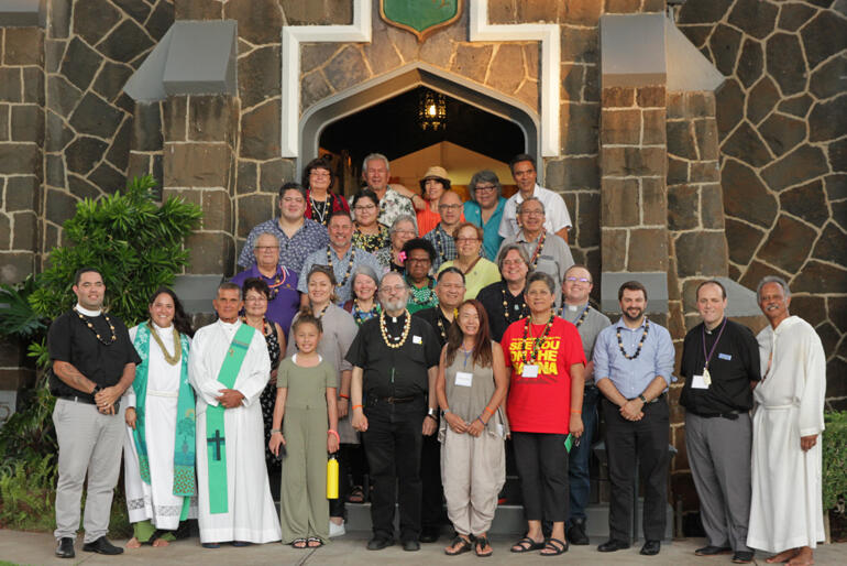 Members of the Anglican Indigenous Network line up after a Eucharist at Epiphany Church Kaimuki, Honolulu. Photo: Bruce Hanohano/Diocese of Hawai'i.