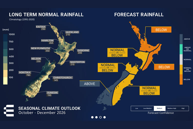 Aotearoa New Zealand's National Institute of Water and Atmospheric Research (NIWA) shows El Niño dry and wet zones, Oct-Dec 2026.