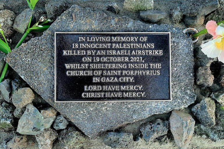 The plaque installed outside Immigration Minister Erica Standford's East Coast Bays electorate office as a reminder of innocent Palestinians in Gaza. The plaque installed outside Immigration Minister Erica Standford's East Coast Bays electorate office as a reminder of innocent Palestinians in Gaza.