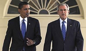 Barack Obama and George Bush: working towards a tidy handover of power.