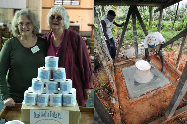 L-R: Geraldine's Ann Armstrong & Sylvia Strang-Parsloe show off their fundraiser, a new loo base gets concreted in the Solomons.