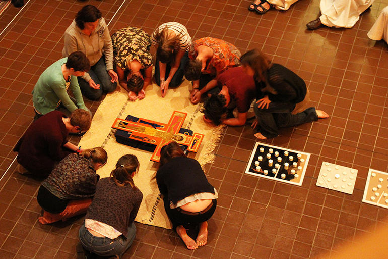 Young people to pray around the San Damiano cross during worship as the Taize brothers' visited Wellington Cathedral of St Paul in 2015.