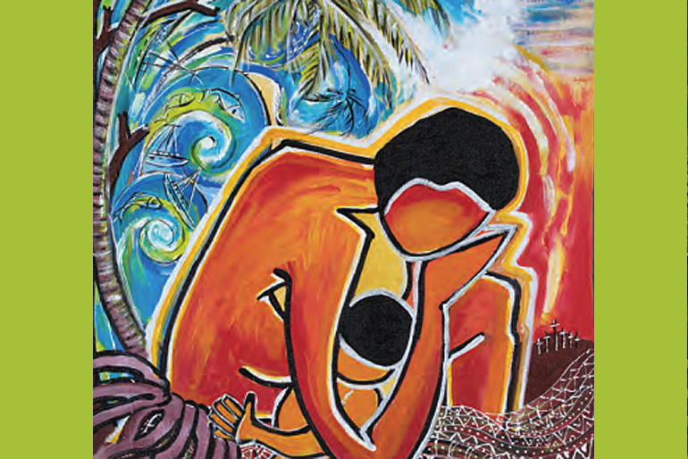 Juliette Pita's cover for World Day of Prayer 2021 shows a mother sheltering her child as God sheltered the artist  in Vanuatu during Cyclone Harold.