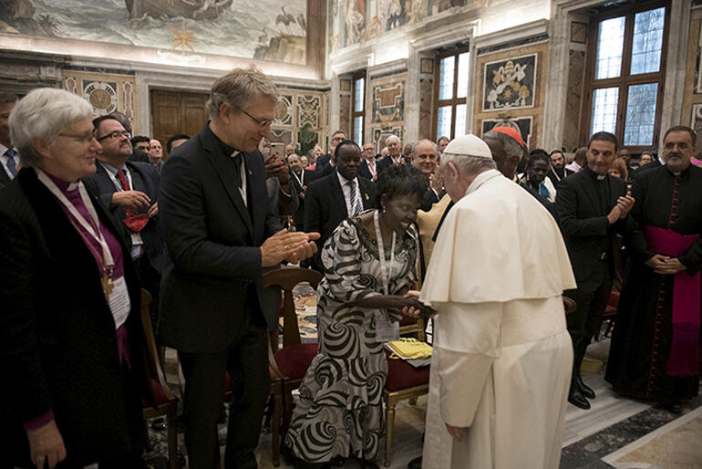 Moderator of WCC Central Committee, Dr Agnes Aboum meets His Holiness Pope Francis after the World Conference on Xenophobia/Photo:VaticanMedia.